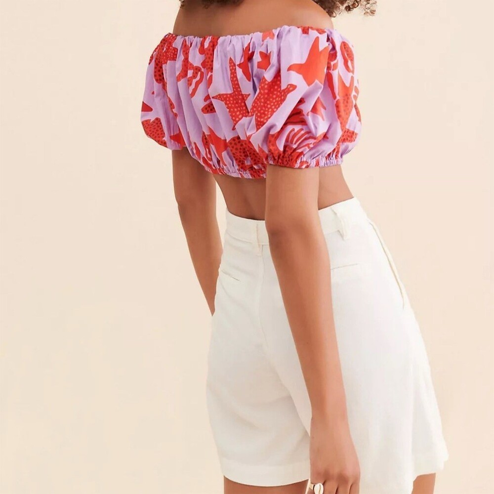 FARM Rio Off the Shoulder Cropped Puff Sleeve Top Womens M Pink Red